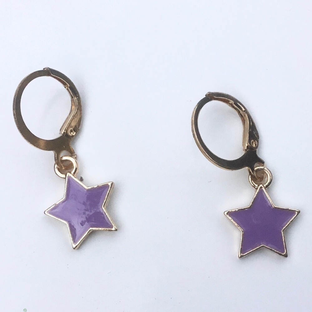 Cute small enameled purple star dangle earrings light weight fun y2k casual